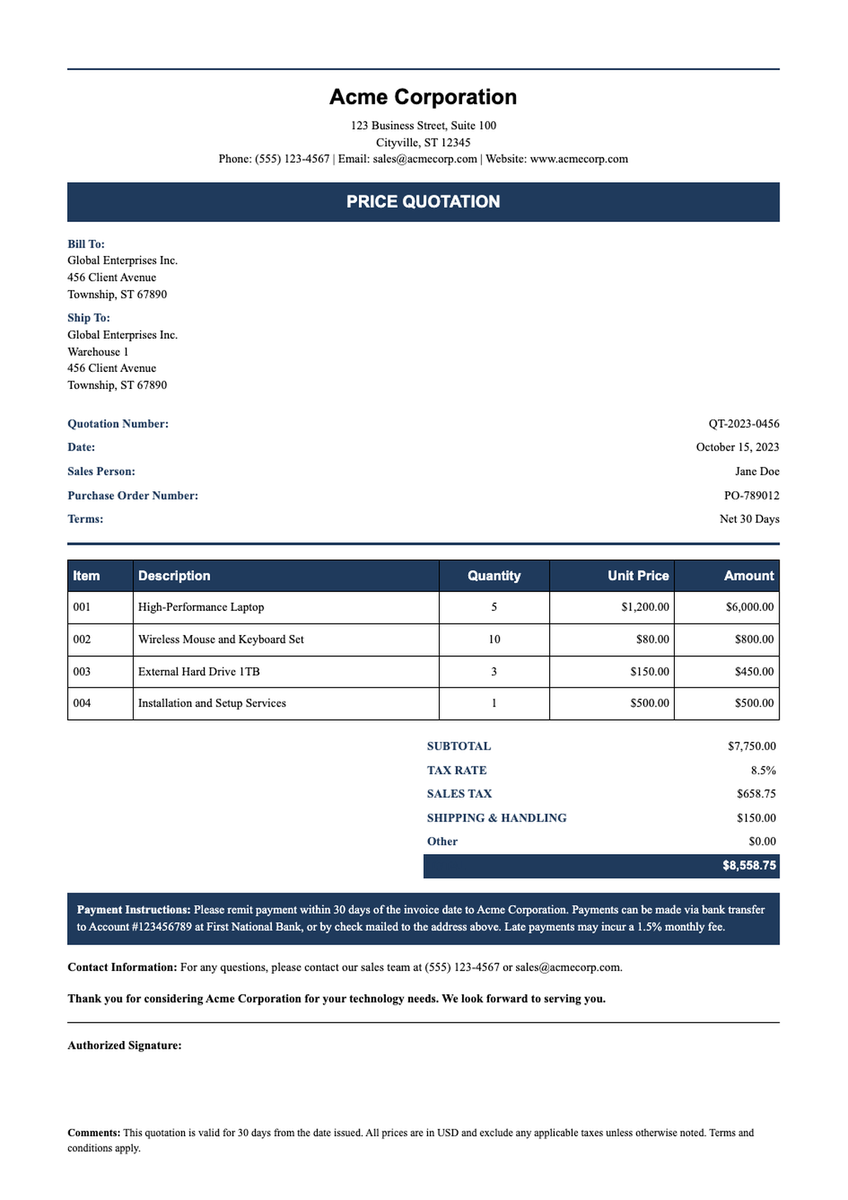 Professional sales quote invoice with blue header and itemized totals_variant_2